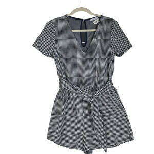 Zara Knit Romper Womens L Nautical Gingham Blue White Check Attached Tie Waist